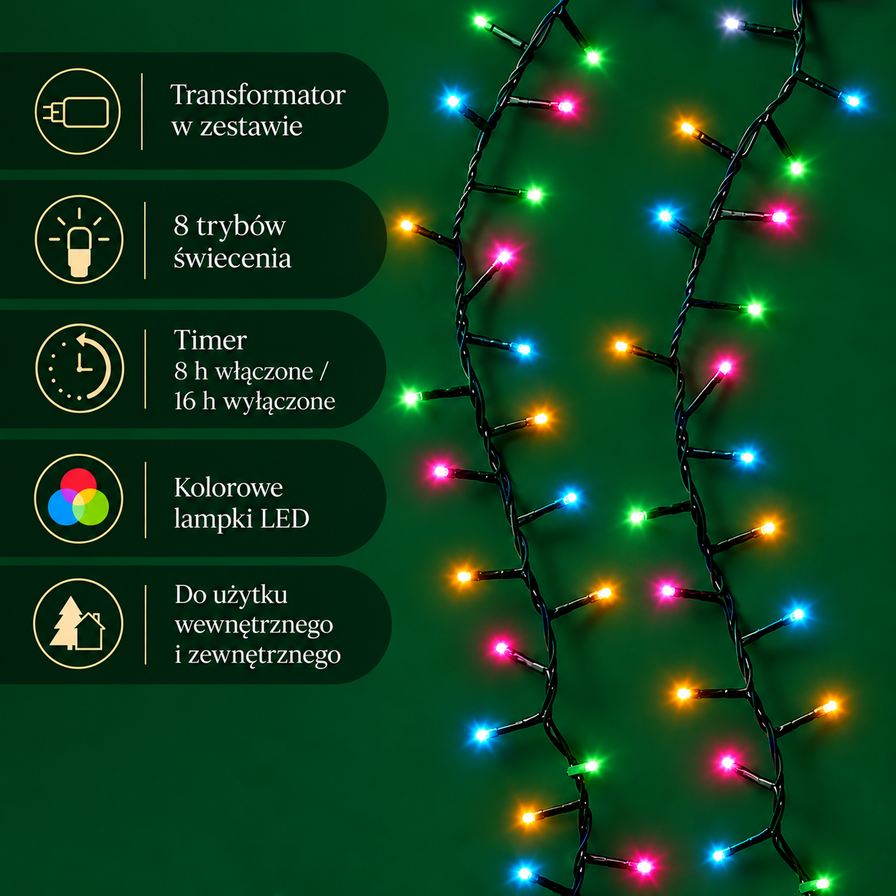 Lampki choinkowe klasyczne LED kolorowe 8 funkcji 